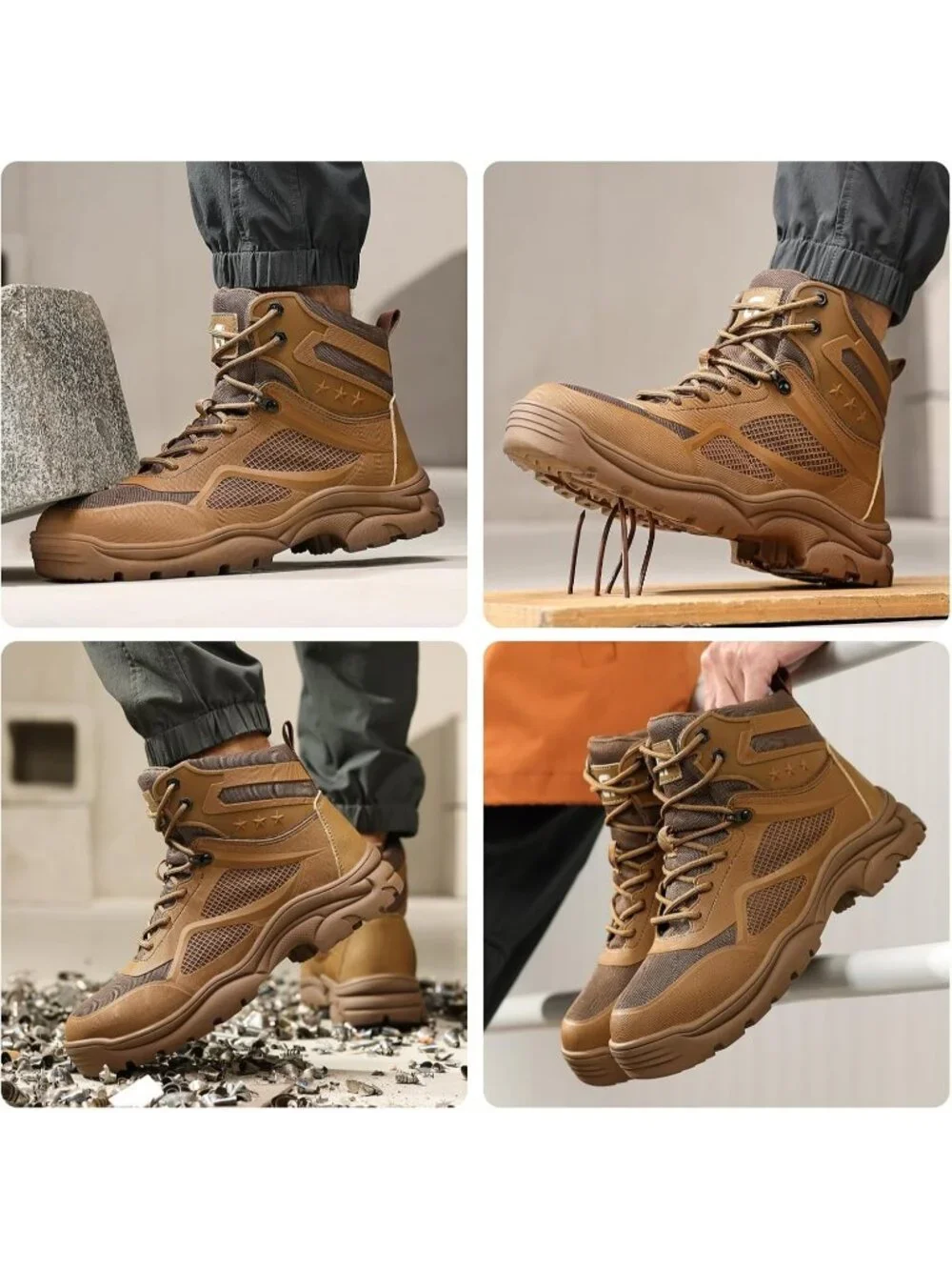 Mens Brown Breathable Shoes Casual High Top Steel Toe Non Slip Hiking Boots